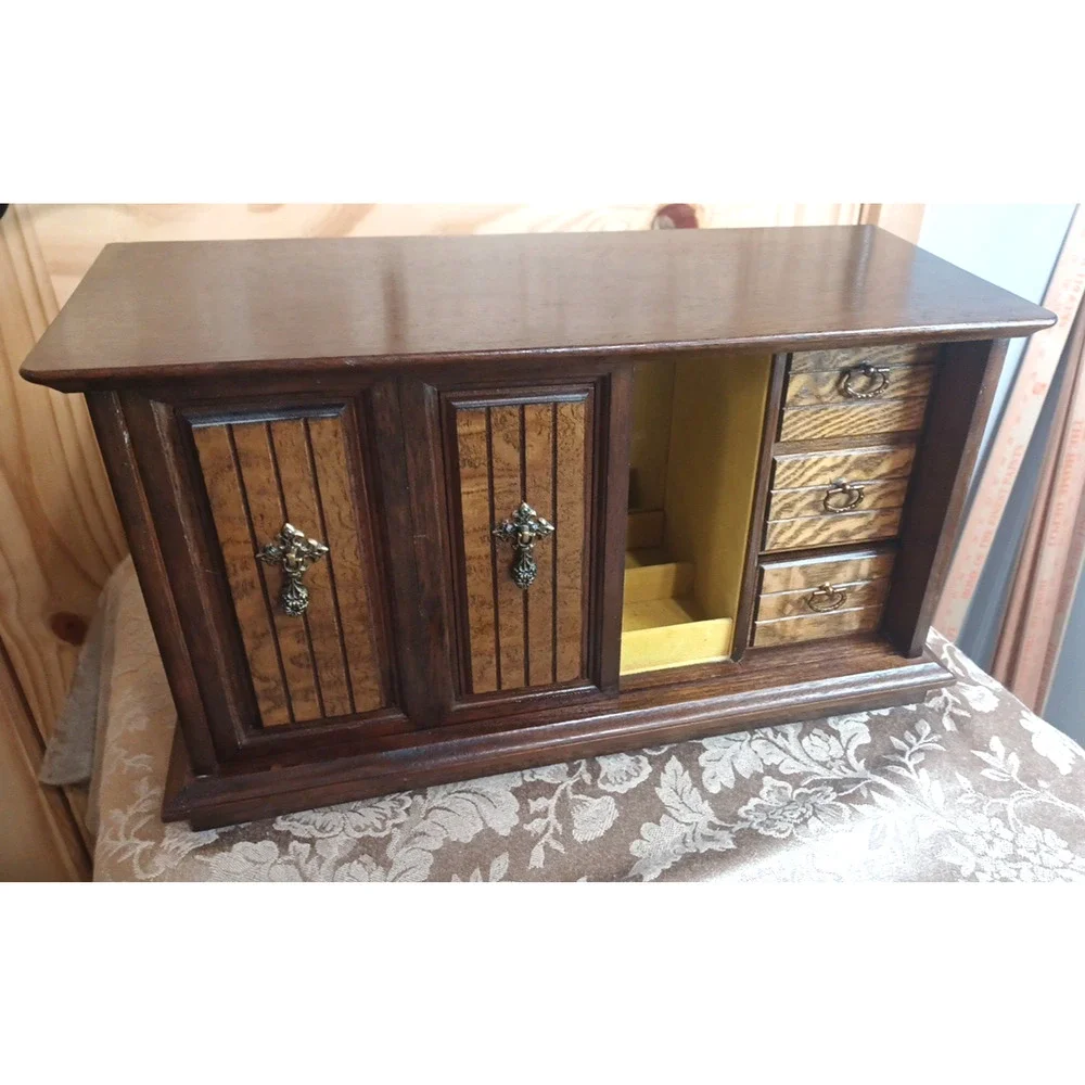 VTG Wood Jewelry Large Box MCM Organizer Japan 16x7x9* READ Cracked Mirror
